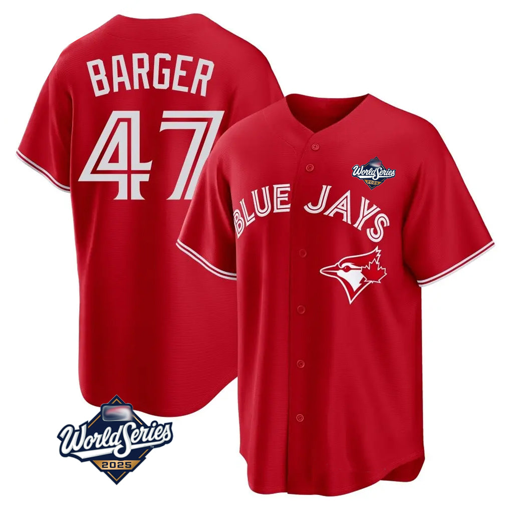 Jamed T.Blue Jays #47 Addison Barger Player Red 2025 World Series Game Stitched Jerseys