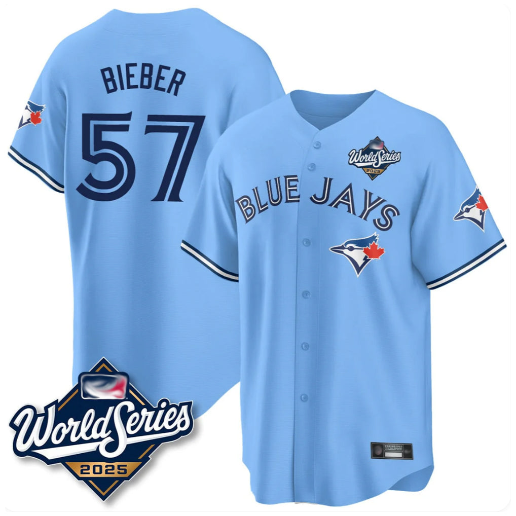 Jamed T.Blue Jays #57 Shane Bieber Player Blue 2025 World Series All Stitched Jerseys