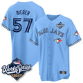 Jamed T.Blue Jays #57 Shane Bieber Player Blue 2025 World Series All Stitched Jerseys