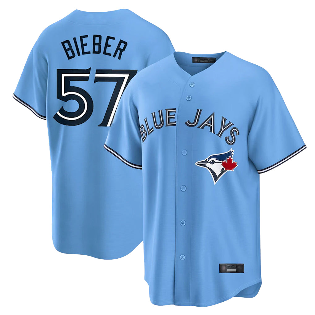 Jamed T.Blue Jays #57 Shane Bieber Player Blue Home Stitched Jerseys