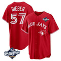 Jamed T.Blue Jays #57 Shane Bieber Player Red 2025 World Series All Stitched Jerseys