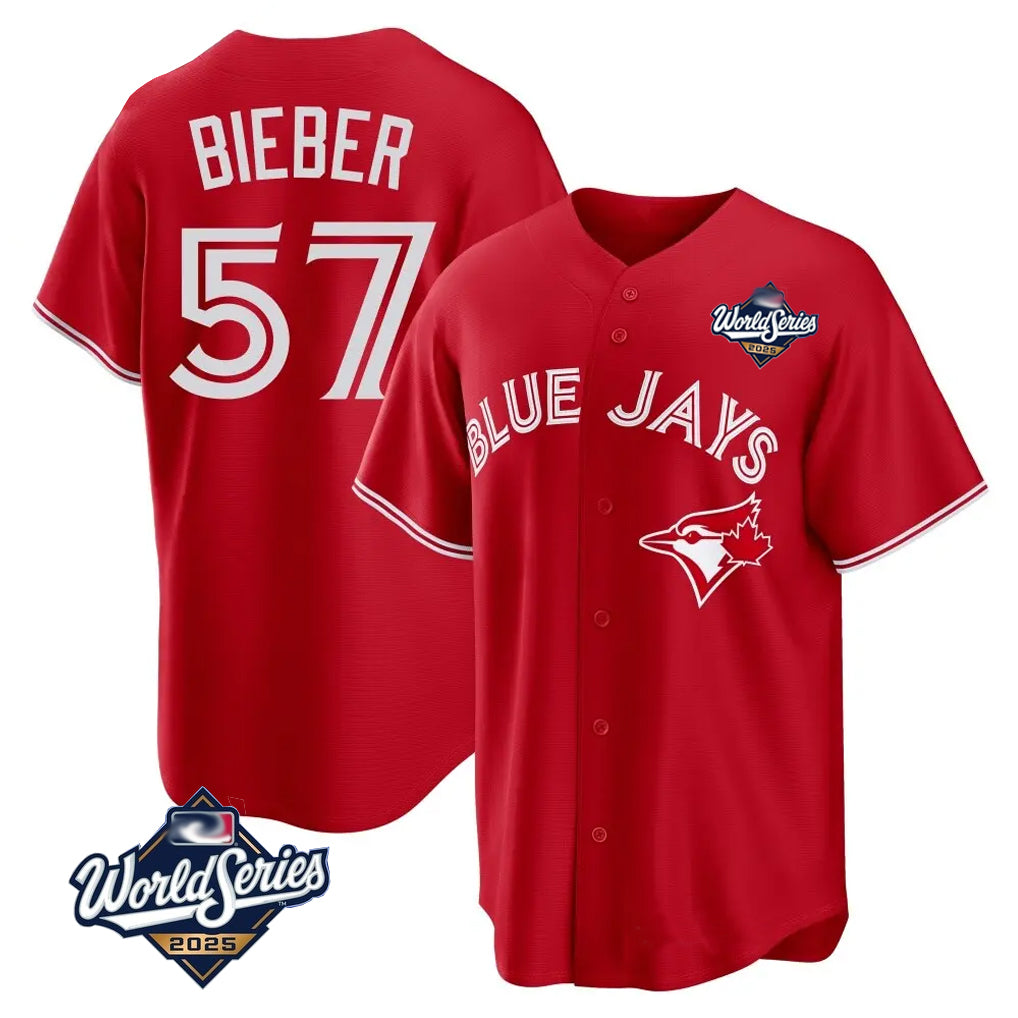 Jamed T.Blue Jays #57 Shane Bieber Player Red 2025 World Series All Stitched Jerseys