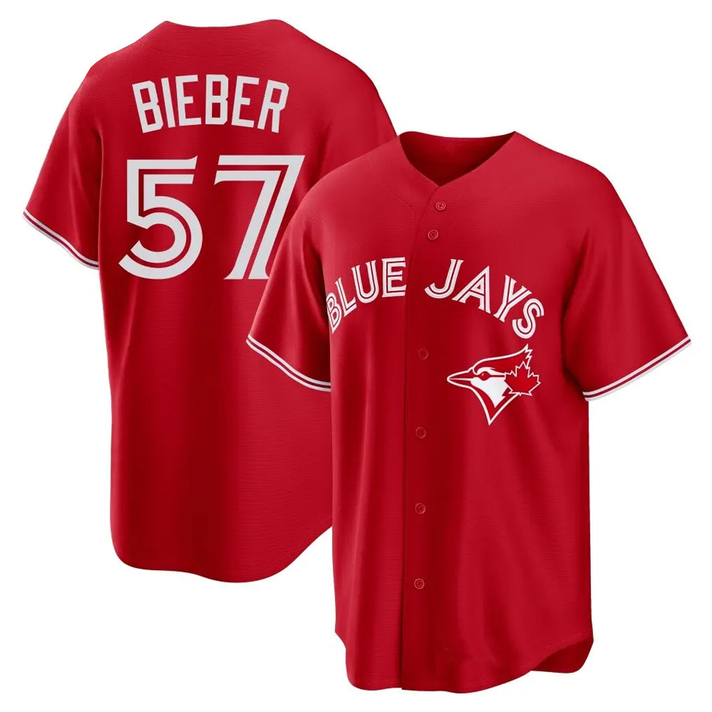 Jamed T.Blue Jays #57 Shane Bieber Player Red Home Stitched Jerseys