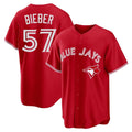 Jamed T.Blue Jays #57 Shane Bieber Player Red Home Stitched Jerseys