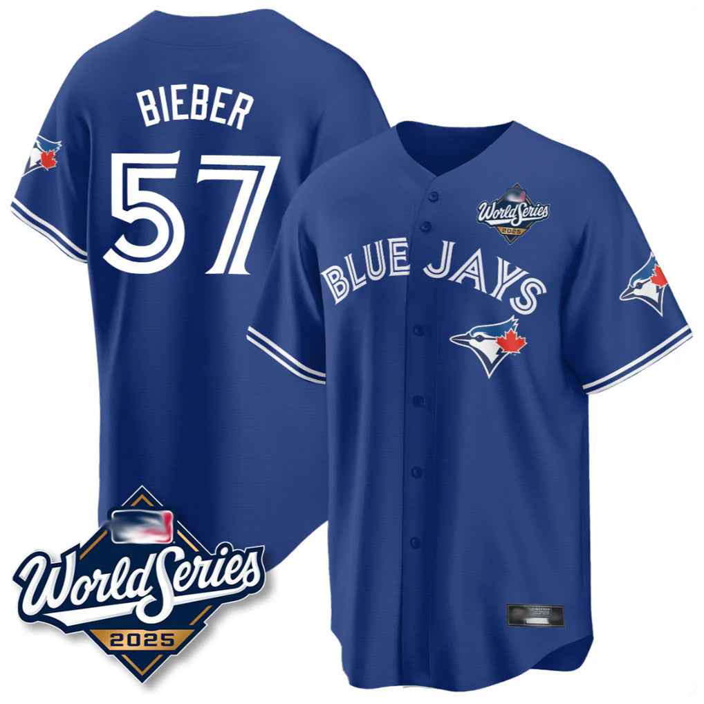 Jamed T.Blue Jays #57 Shane Bieber Player Royal 2025 World Series All Stitched Jerseys