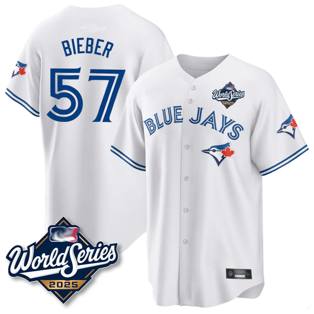 Jamed T.Blue Jays #57 Shane Bieber Player White 2025 World Series All Stitched Jerseys