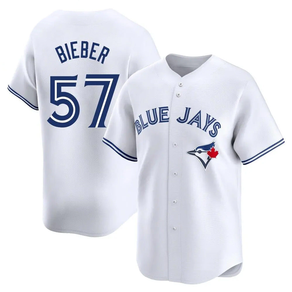 Jamed T.Blue Jays #57 Shane Bieber Player White Limited Home Stitched Jerseys