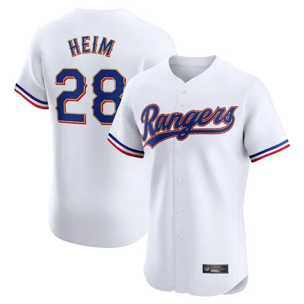 Jamed T.Rangers #28 Jonah Heim Player White Gold Collection Limited Elite Stitched Jerseys