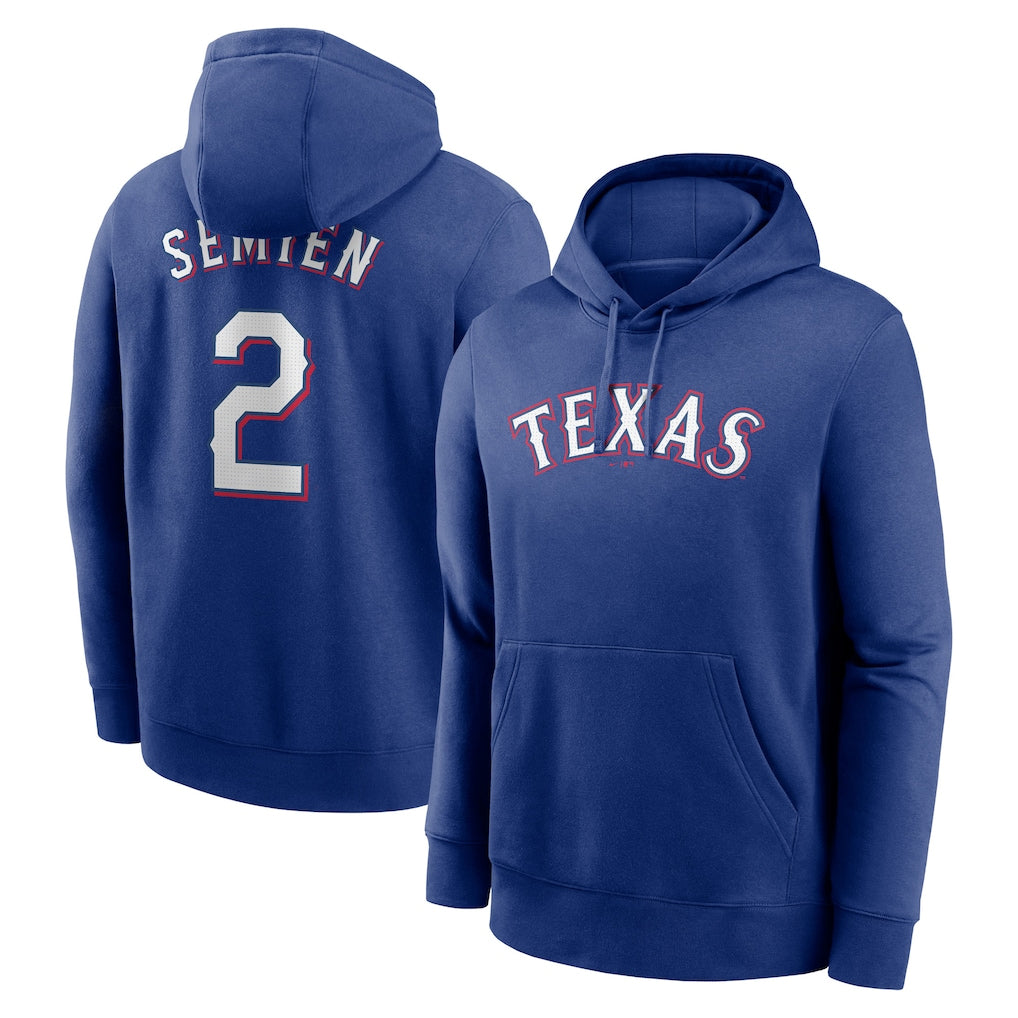 Jamed T.Rangers #2 Marcus Semien Player Royal Pullover Hoodie Stitched Jerseys