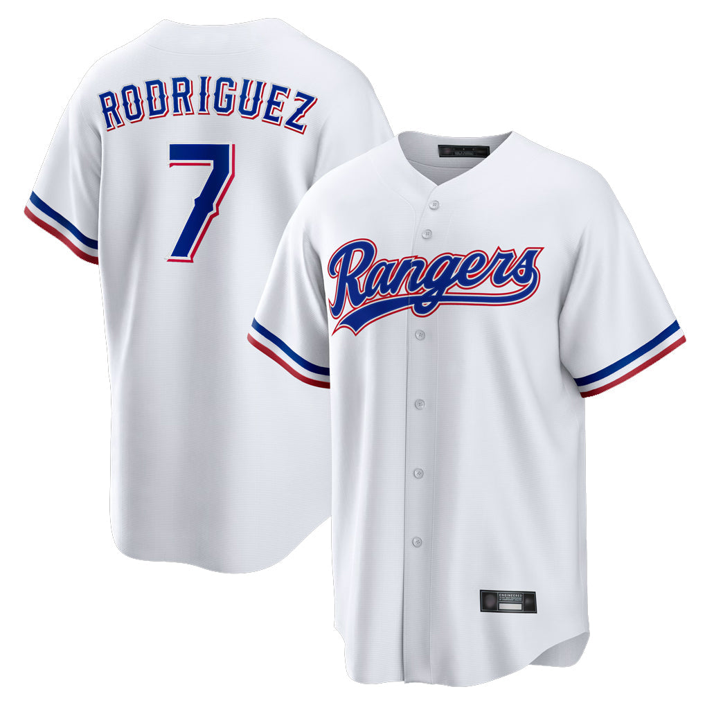 Jamed T.Rangers #7 Ivan Rodriguez Player White Home Game Stitched Jerseys