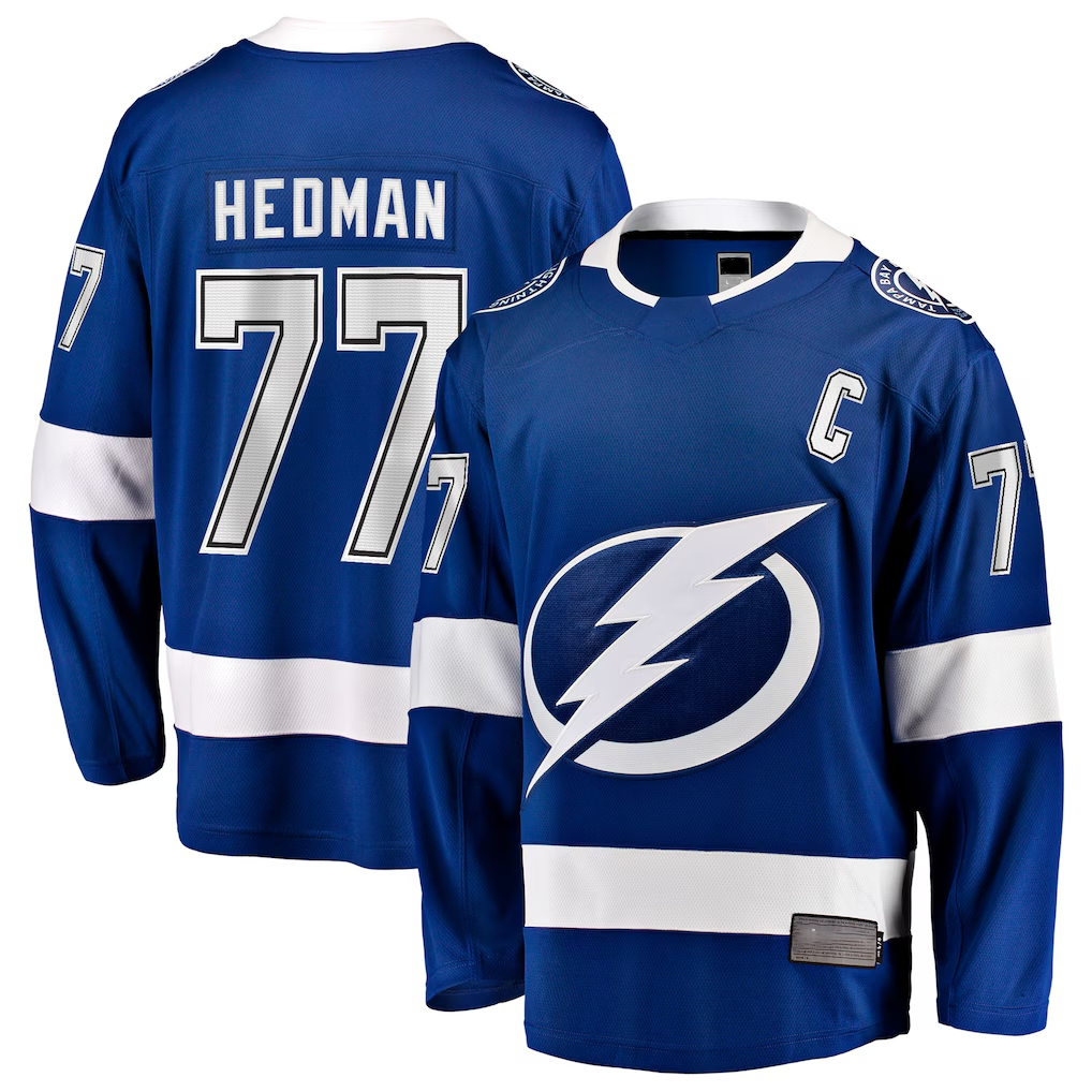 Jamed TB.Lightning #77 Victor Hedman Blue Home Captain Patch Breakaway Jerseys