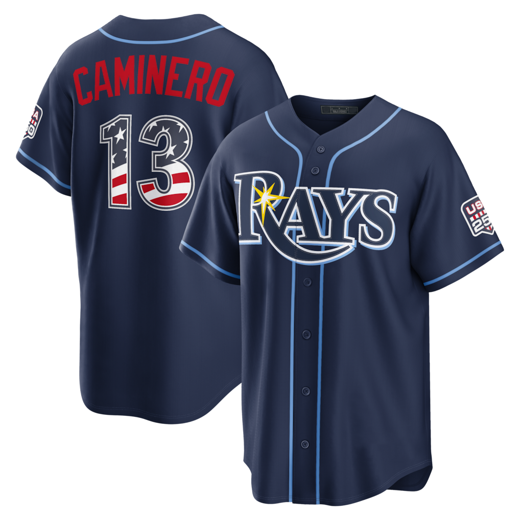 Jamed TB.Rays #13 Junior Caminero Navy USA 250 Fourth of July Road Stadium Jersey