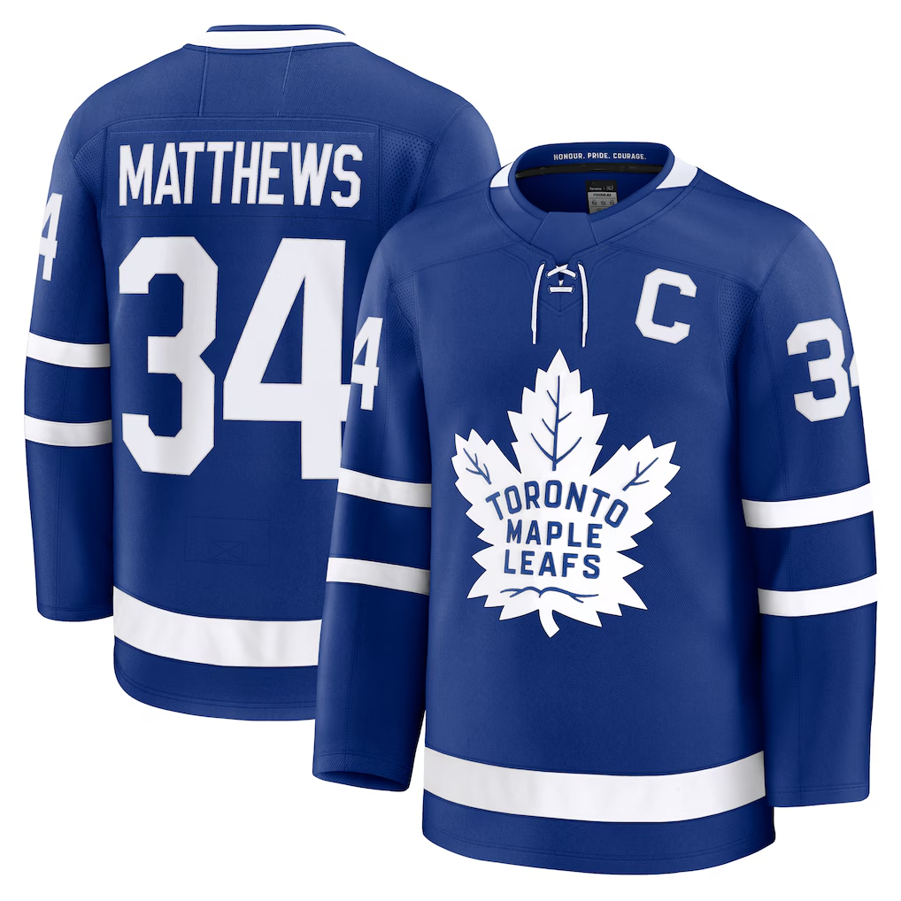 Jamed T.Maple Leafs #34 Auston Matthews Blue Captain Patch Home Premium Jerseys