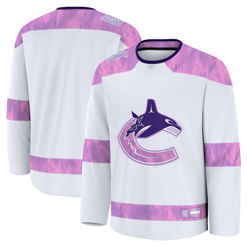 Jamed V.Canucks White 2024 Hockey Fights Cancer Practice Jerseys
