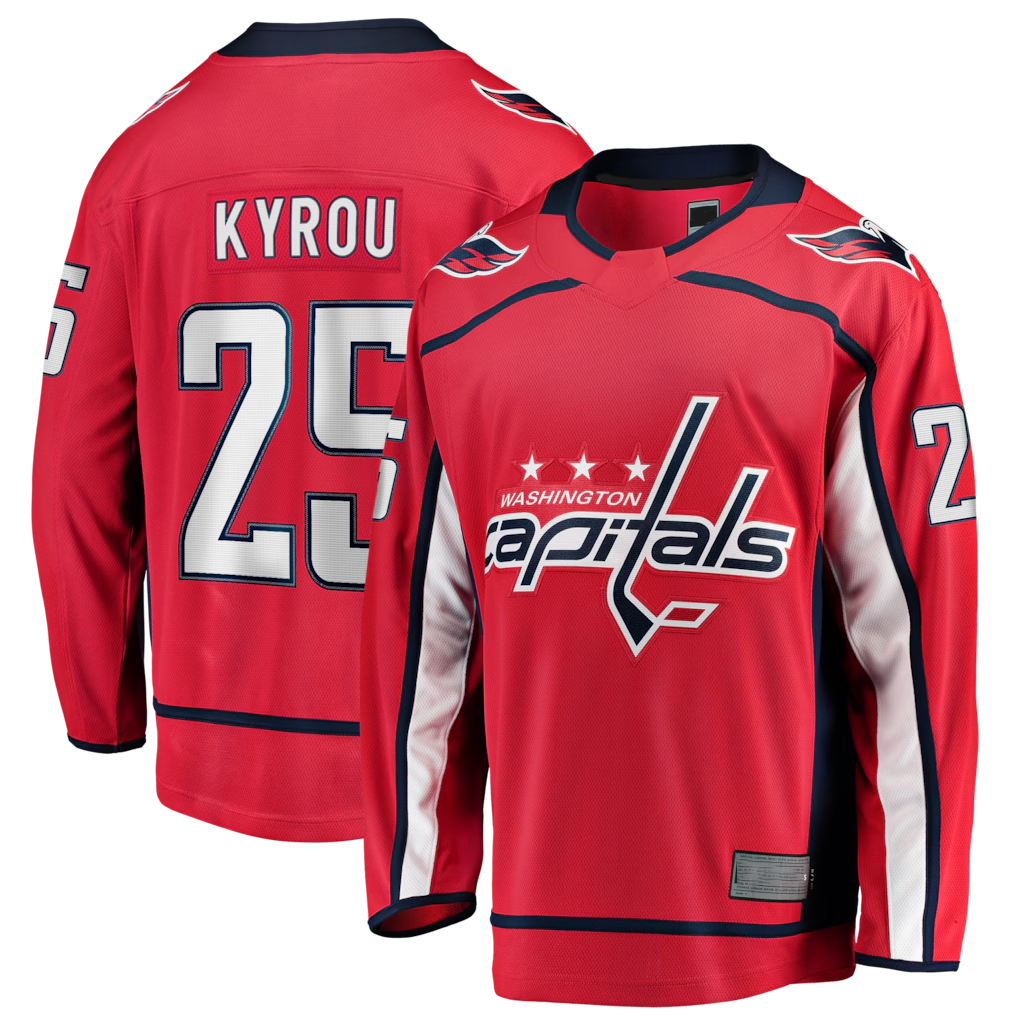 Jamed W.Capitals #25 Jordan Kyrou Red Home Breakaway Jerseys