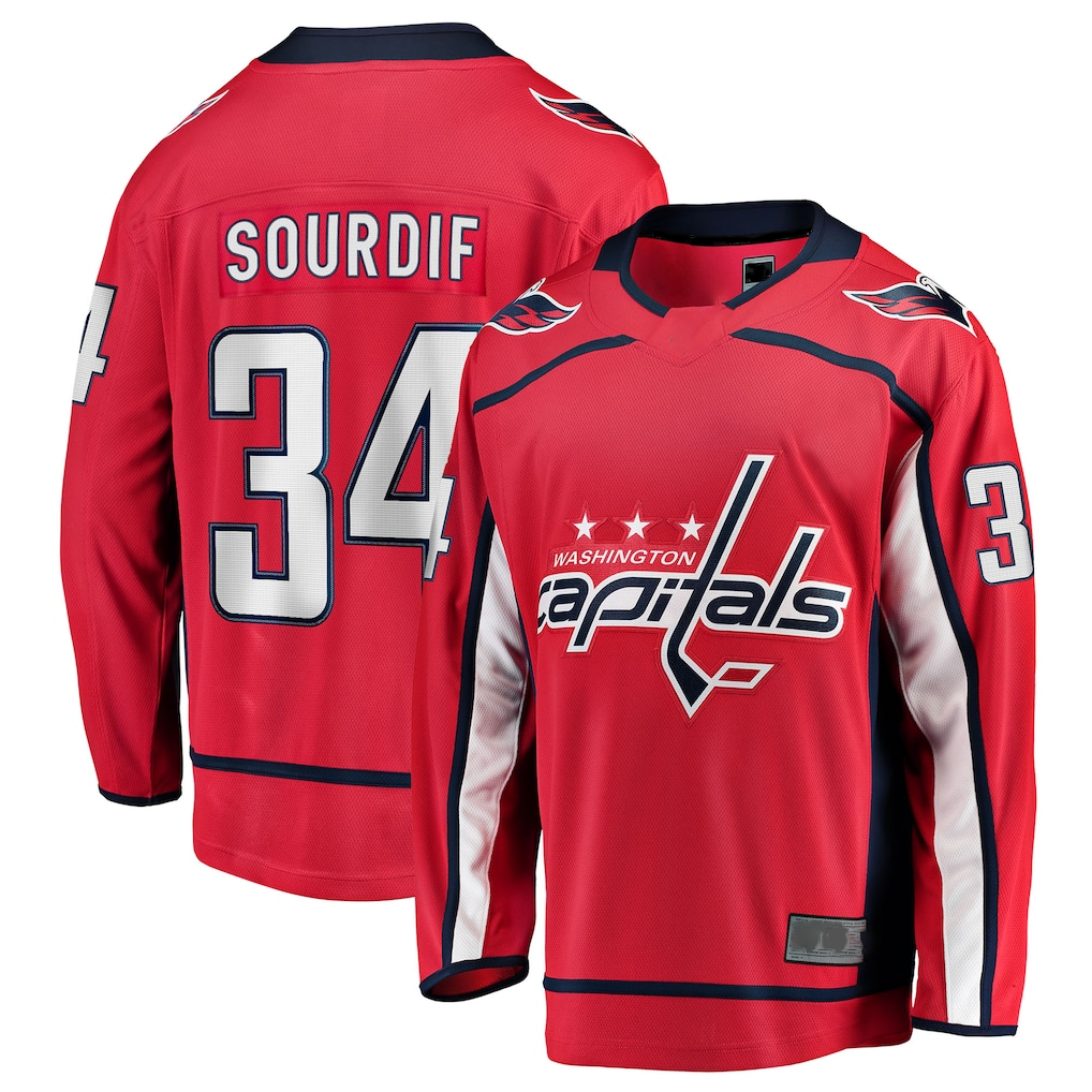 Jamed W.Capitals #34 Justin Sourdif Red Home Breakaway Jerseys