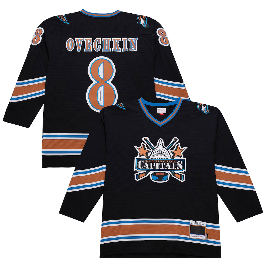 Jamed W.Capitals #8 Alexander Ovechkin Mitchell & Ness Black 2005-06 Power Play Jerseys
