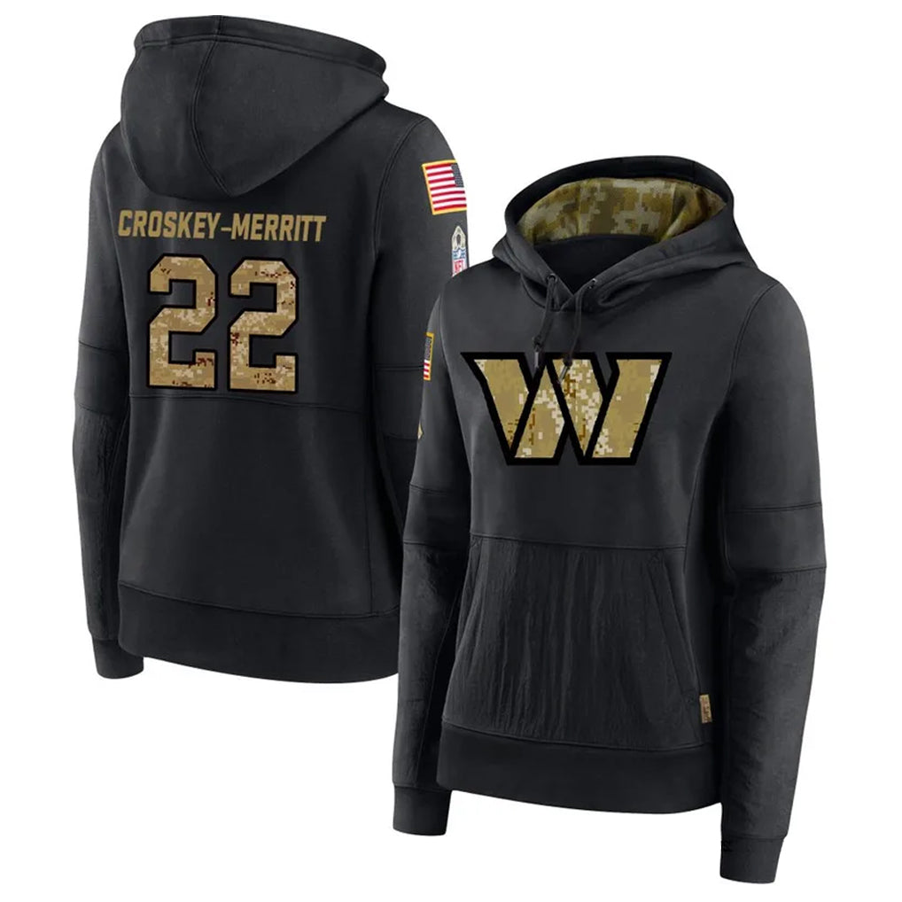 Jamed W.Commanders #22 Jacory Croskey-Merritt Player Black Salute to Service Hoodies Stitched Jerseys