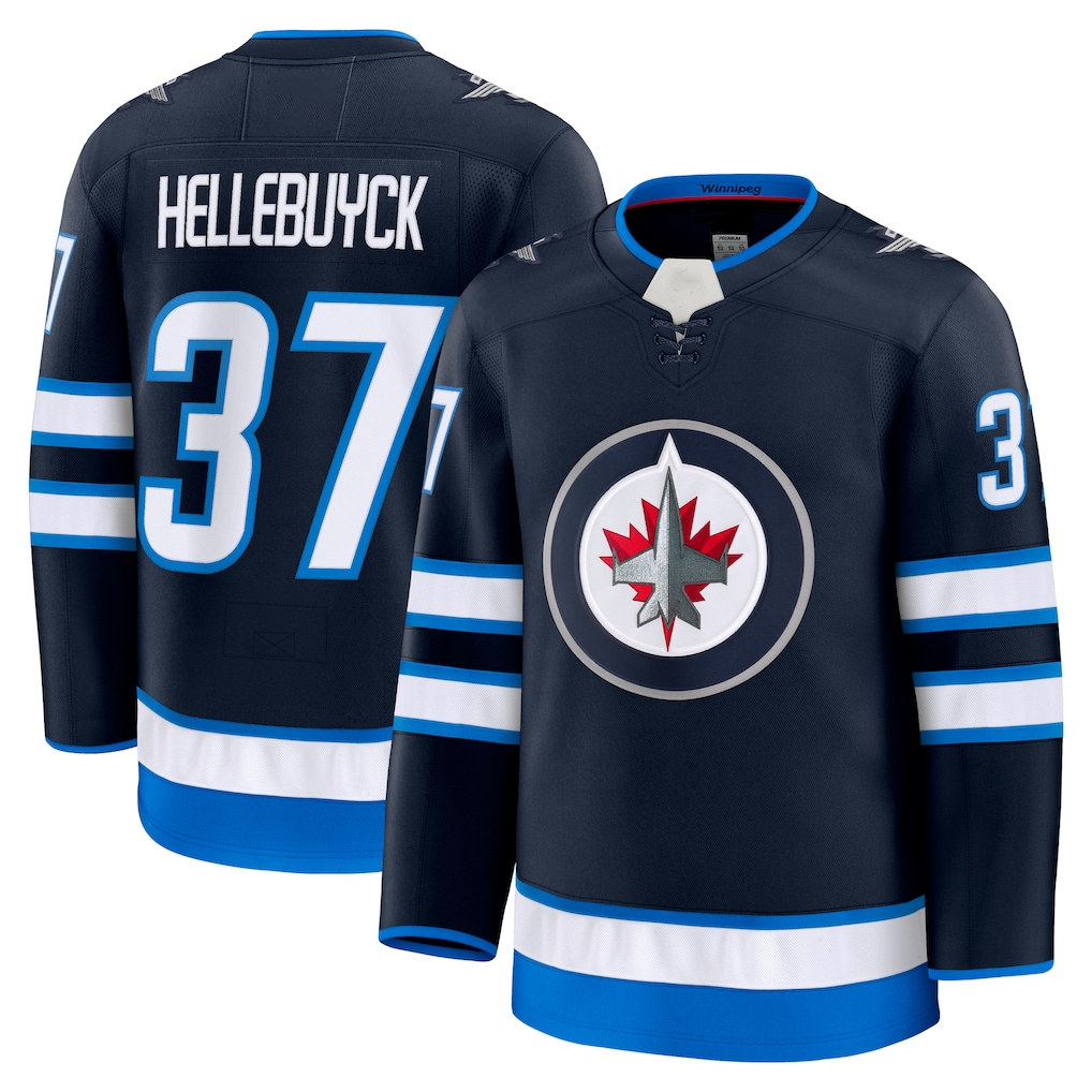 Jamed W.Jets #37 Connor Hellebuyck Navy Home Premium Jerseys